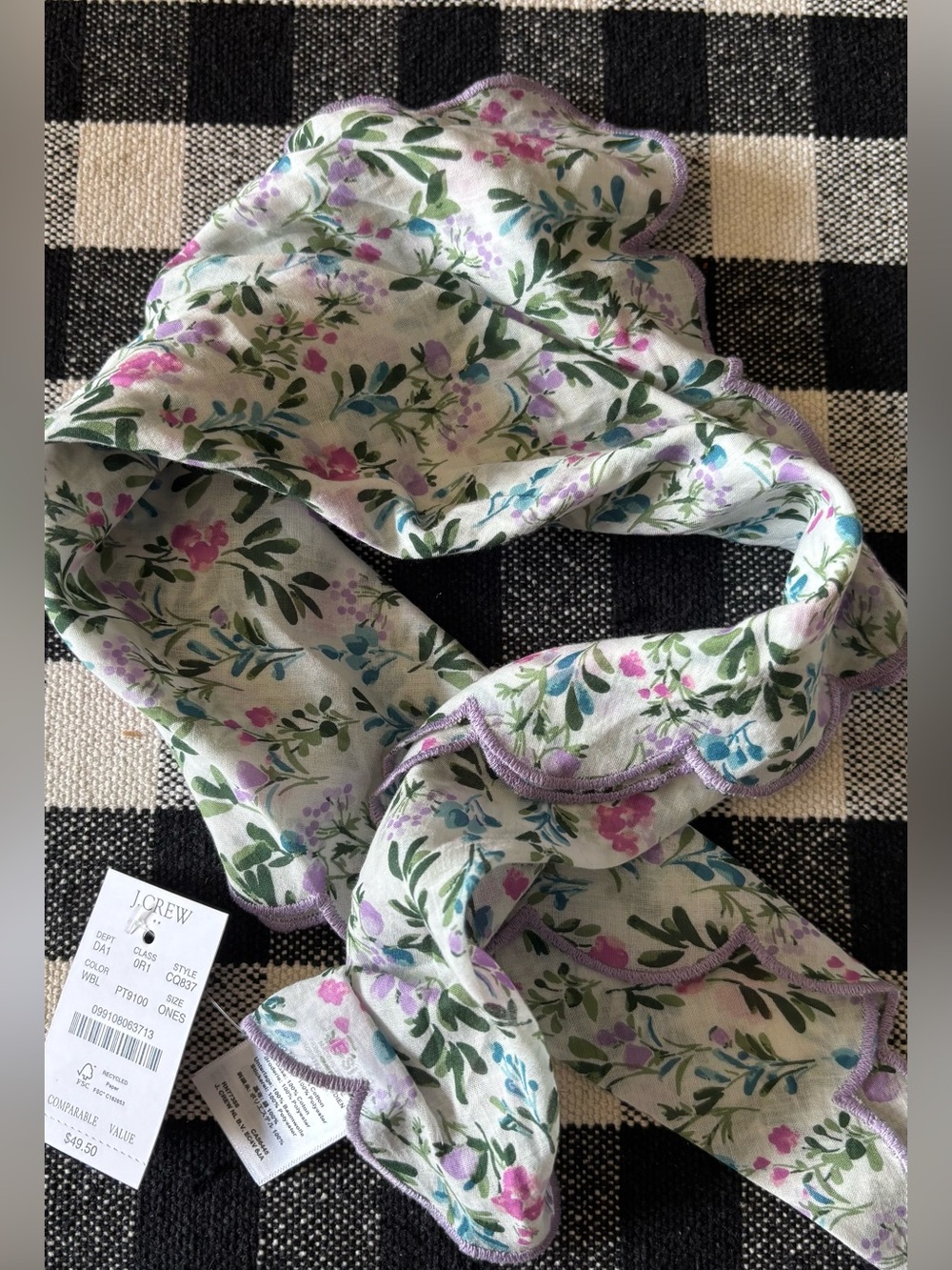 NWT J. Crew Cotton scalloped handkerchief Floral Scarf White Bright Lilac